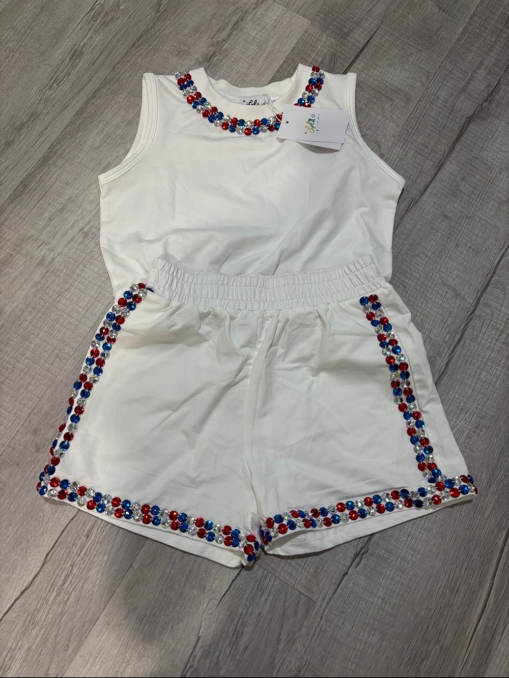 Lola + The Boys White Tank & Shorts Set with Red, Blue Embellishment